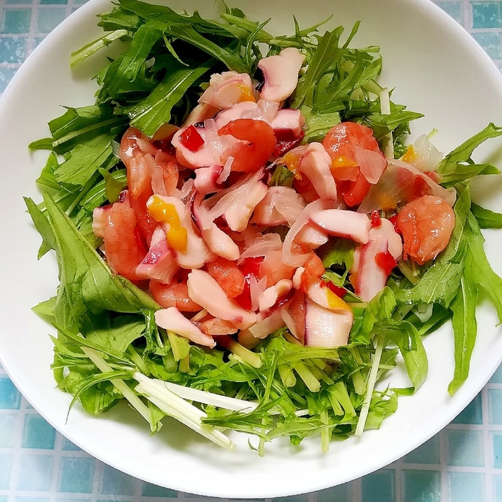 タコとエビと水菜のマリネサラダ